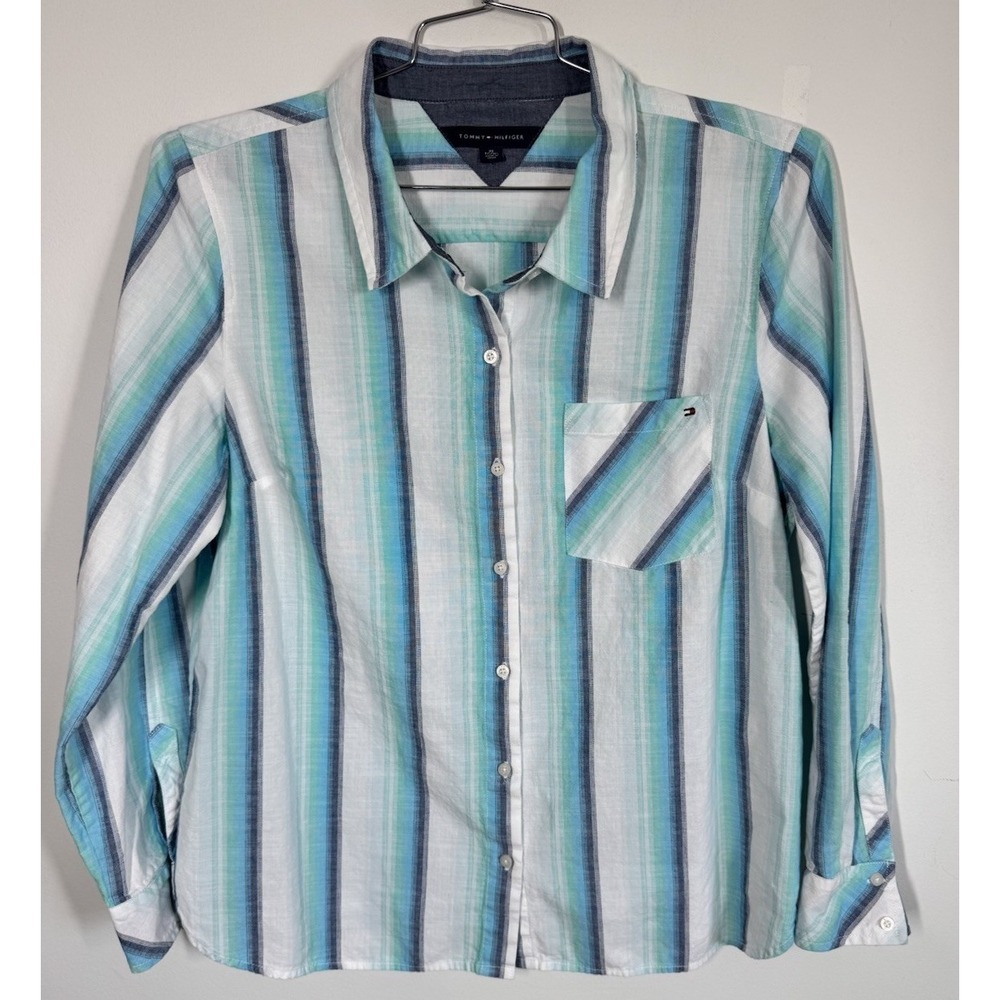 Tommy Hilfiger Long Sleeve Button Up Striped Cotton Shirt Women's XL Resort Wear